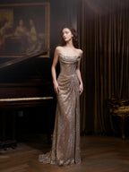 Luxury Champagne Bronze Strapless Crystal Beaded Mermaid Evening Dress With Cape CLA73489