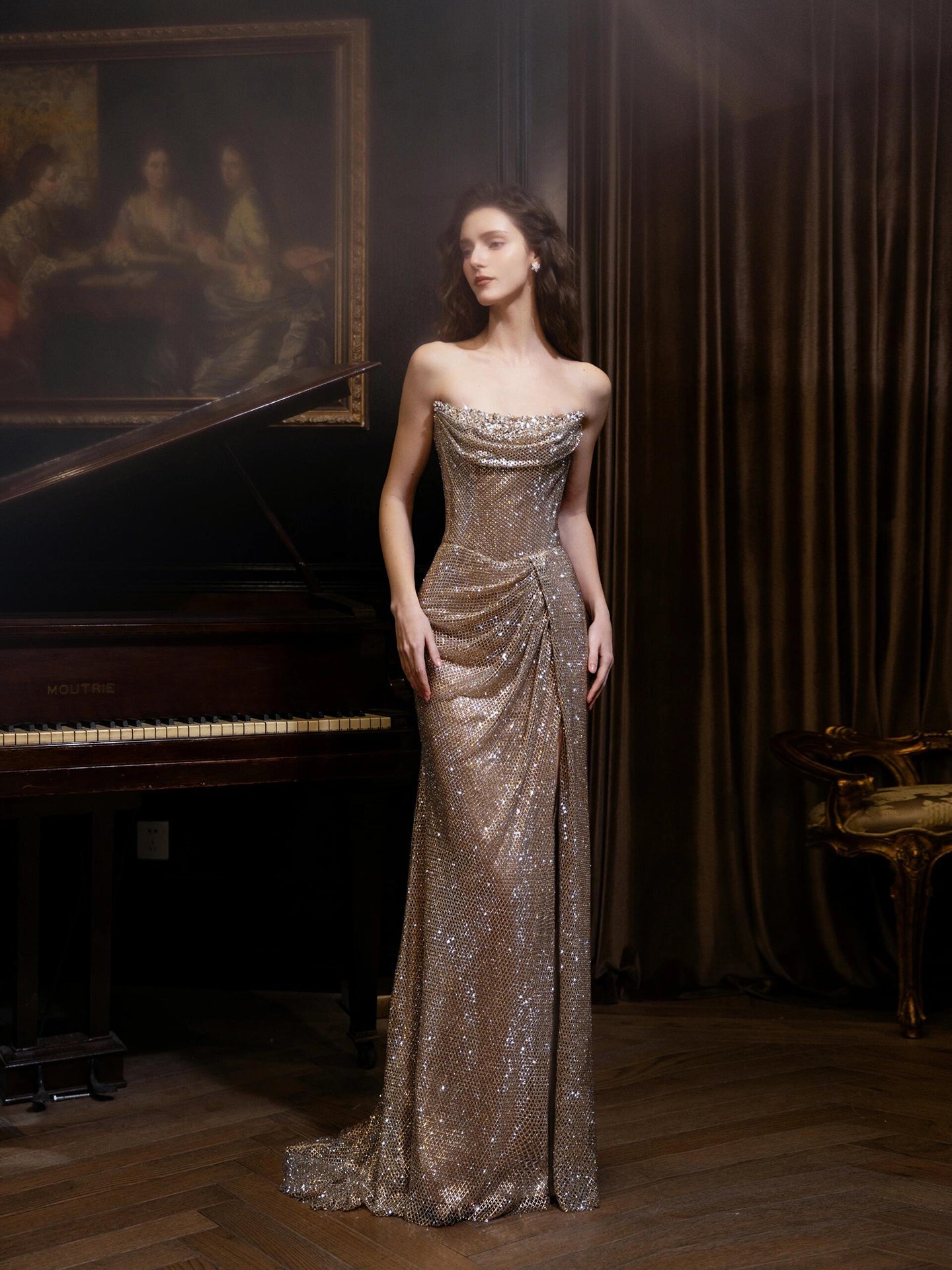 Luxury Champagne Bronze Strapless Crystal Beaded Mermaid Evening Dress With Cape CLA73489
