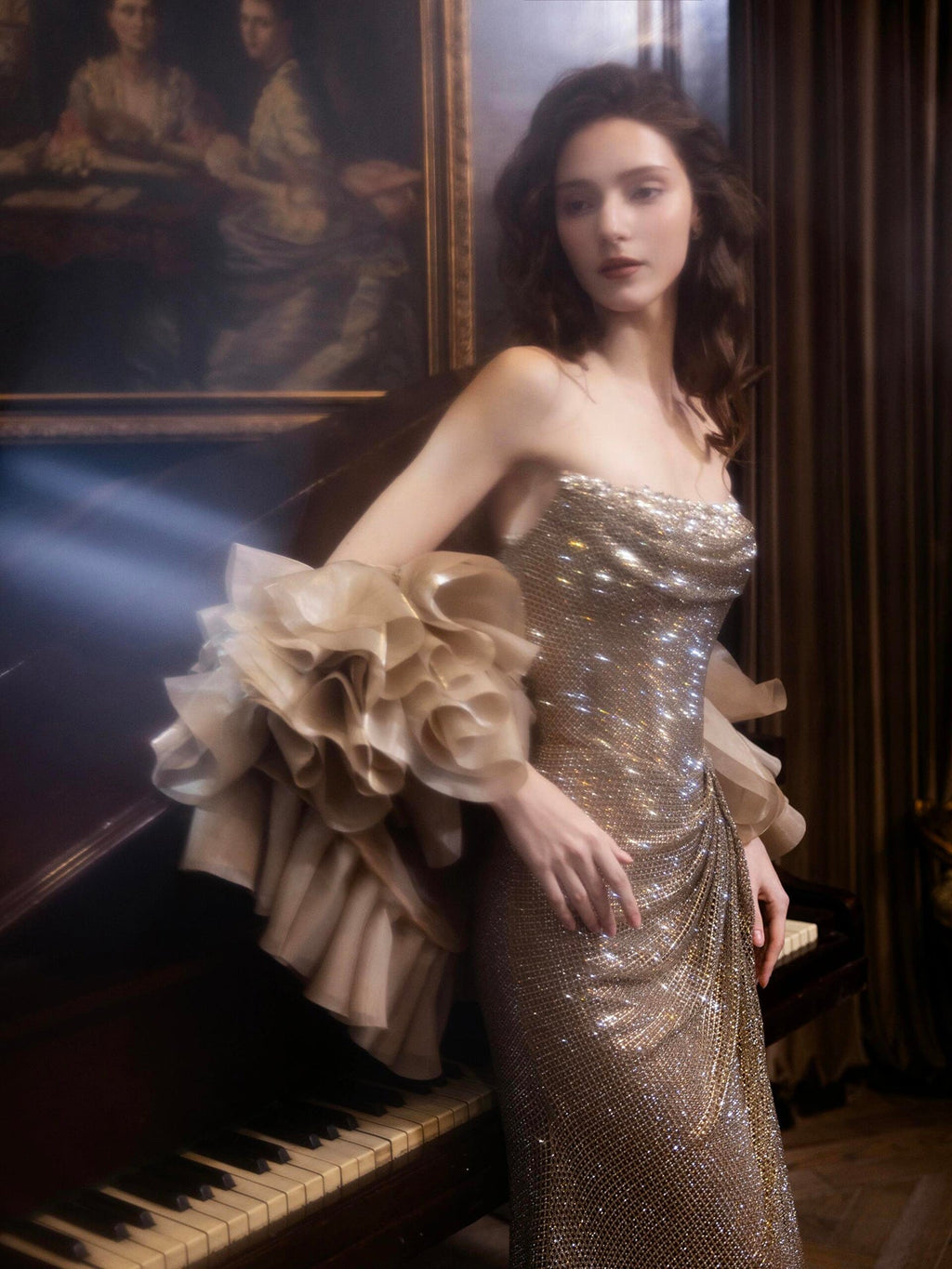Luxury Champagne Bronze Strapless Crystal Beaded Mermaid Evening Dress With Cape CLA73489