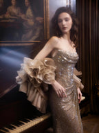 Luxury Champagne Bronze Strapless Crystal Beaded Mermaid Evening Dress With Cape CLA73489