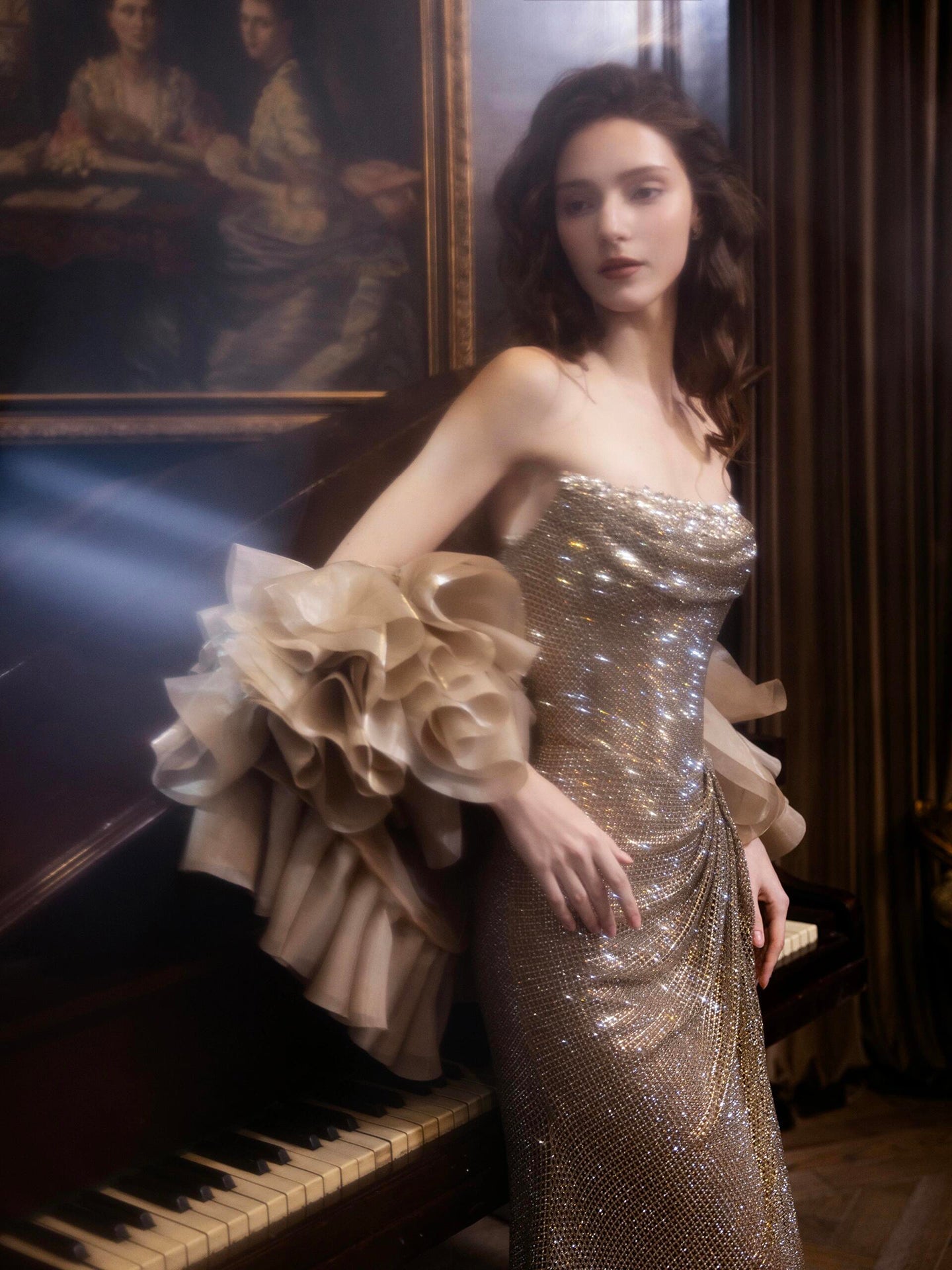 Luxury Champagne Bronze Strapless Crystal Beaded Mermaid Evening Dress With Cape CLA73489
