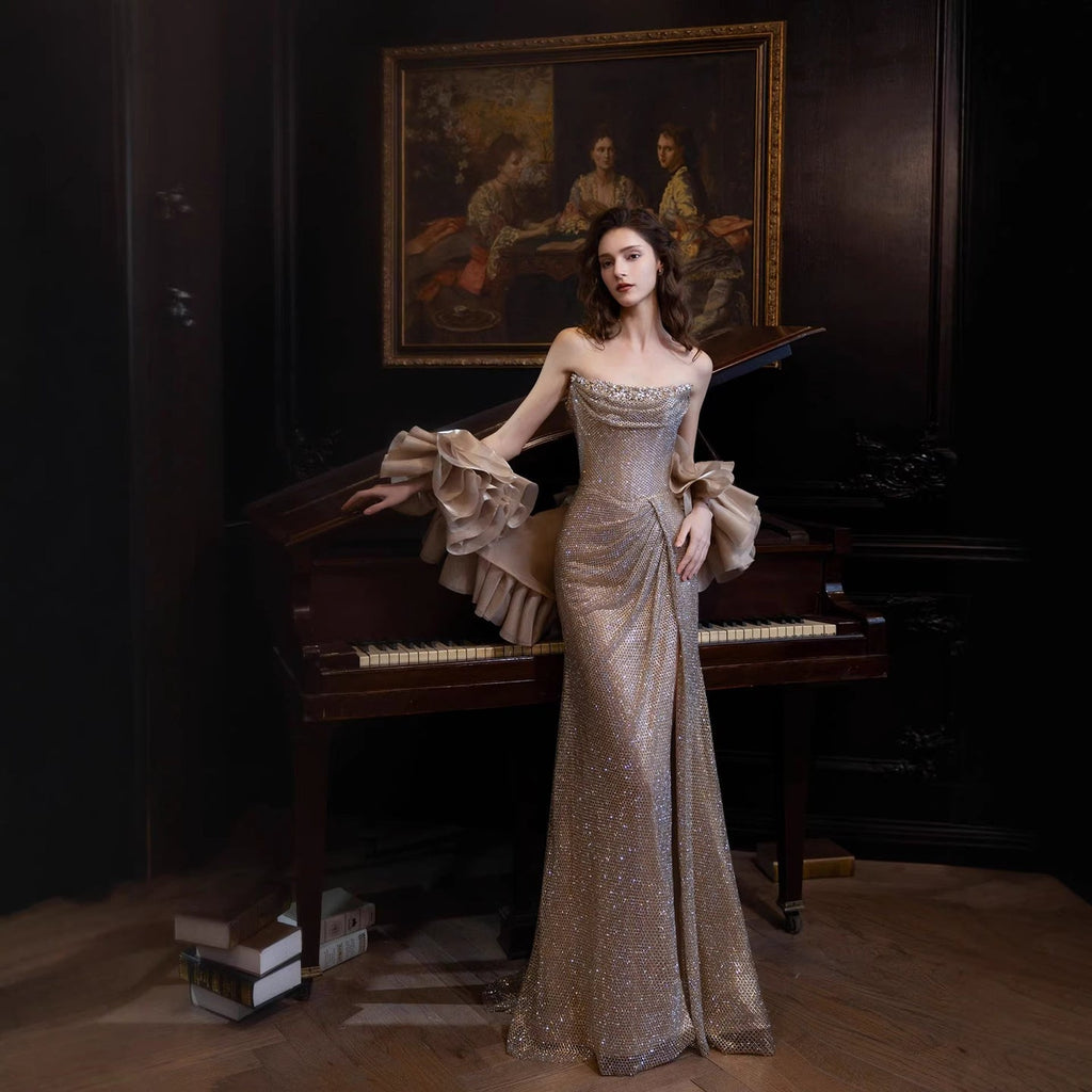 Luxury Champagne Bronze Strapless Crystal Beaded Mermaid Evening Dress With Cape CLA73489