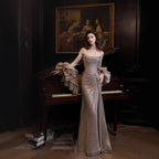 Luxury Champagne Bronze Strapless Crystal Beaded Mermaid Evening Dress With Cape CLA73489