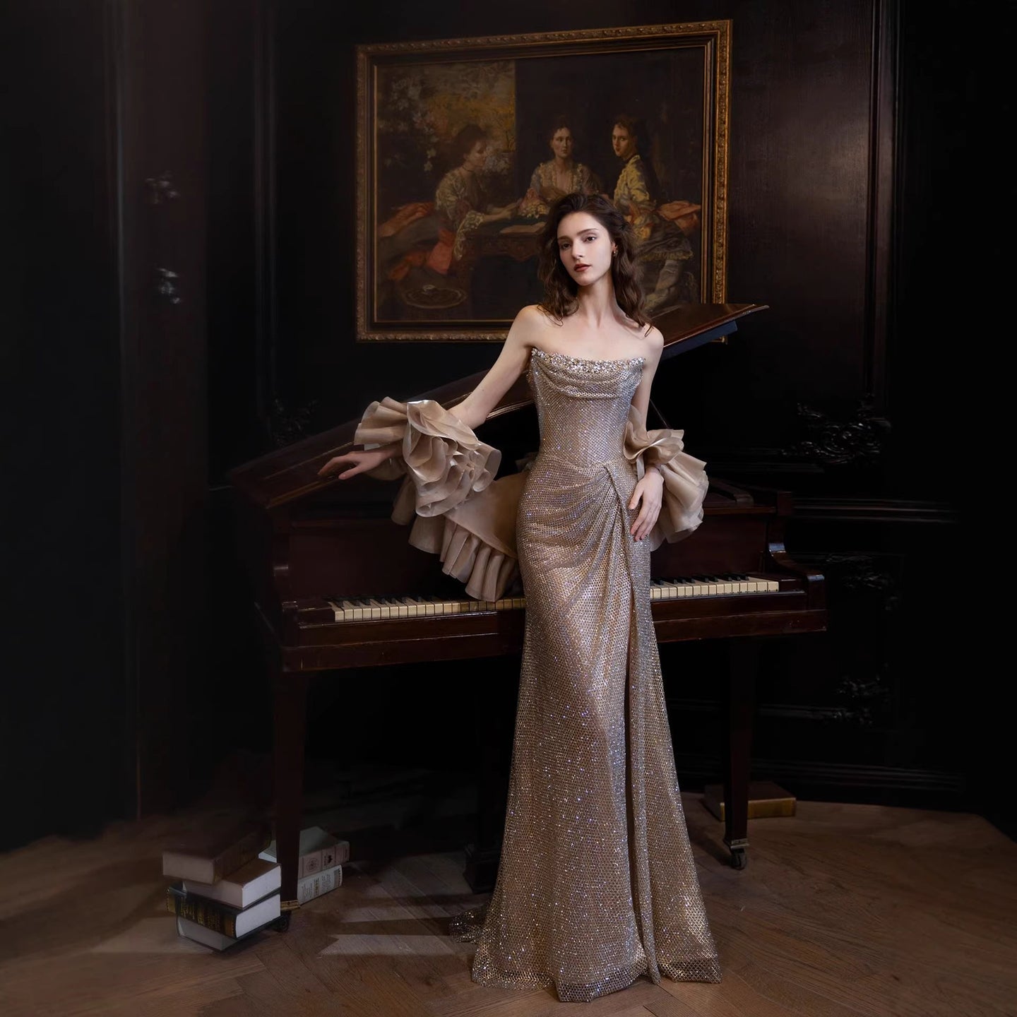 Luxury Champagne Bronze Strapless Crystal Beaded Mermaid Evening Dress With Cape CLA73489