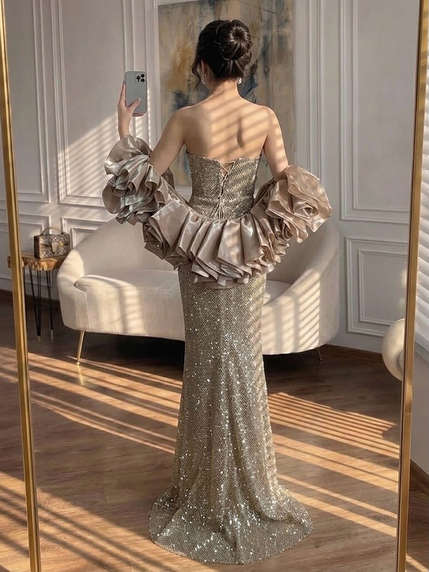 Luxury Champagne Bronze Strapless Crystal Beaded Mermaid Evening Dress With Cape CLA73489