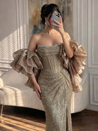 Luxury Champagne Bronze Strapless Crystal Beaded Mermaid Evening Dress With Cape CLA73489