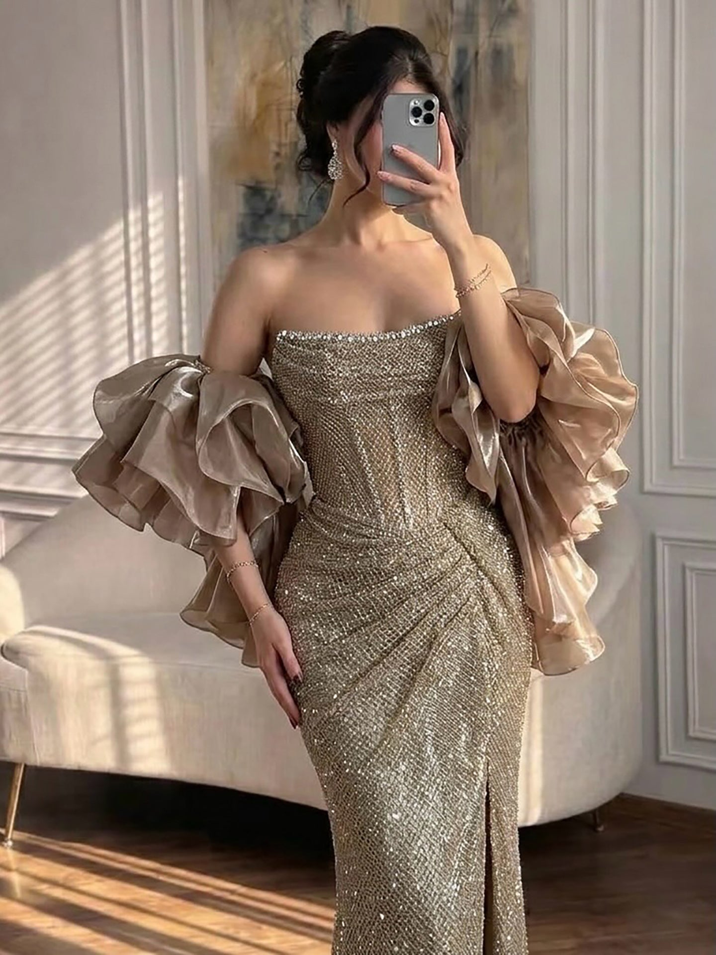 Luxury Champagne Bronze Strapless Crystal Beaded Mermaid Evening Dress With Cape CLA73489