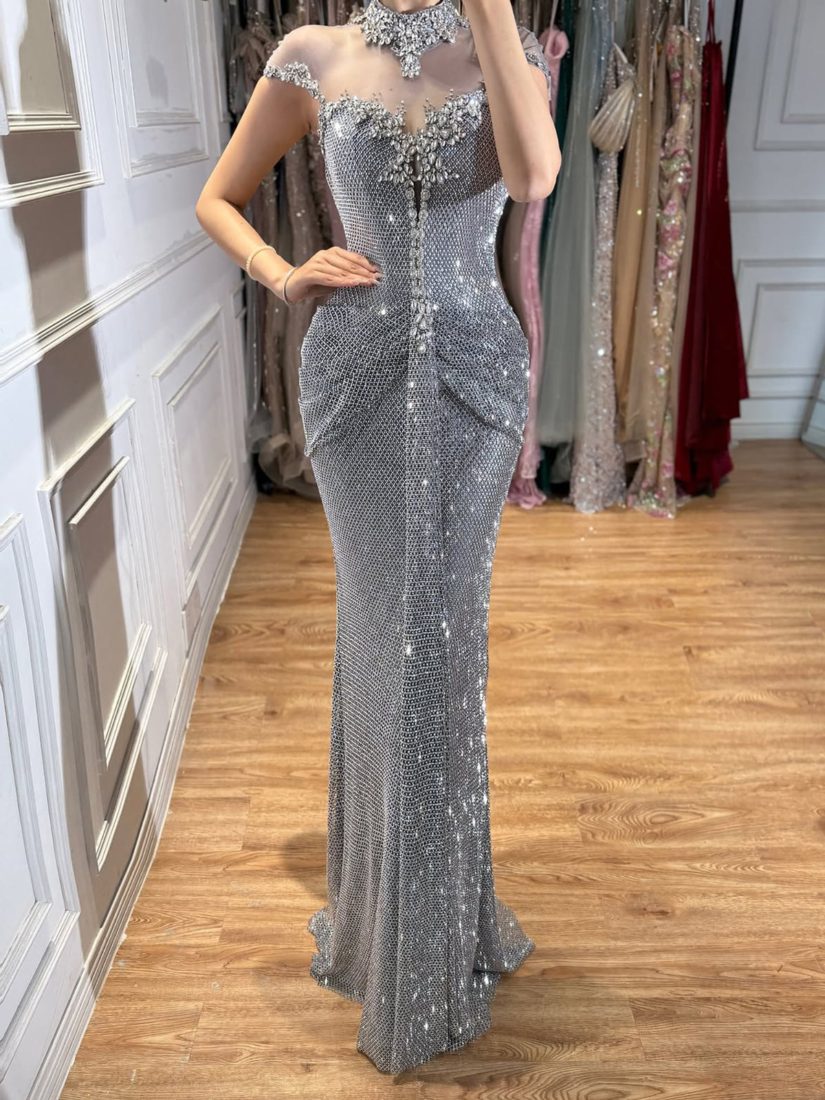 Luxury Gold Crystal Beaded Mermaid Evening Dress CLA73491