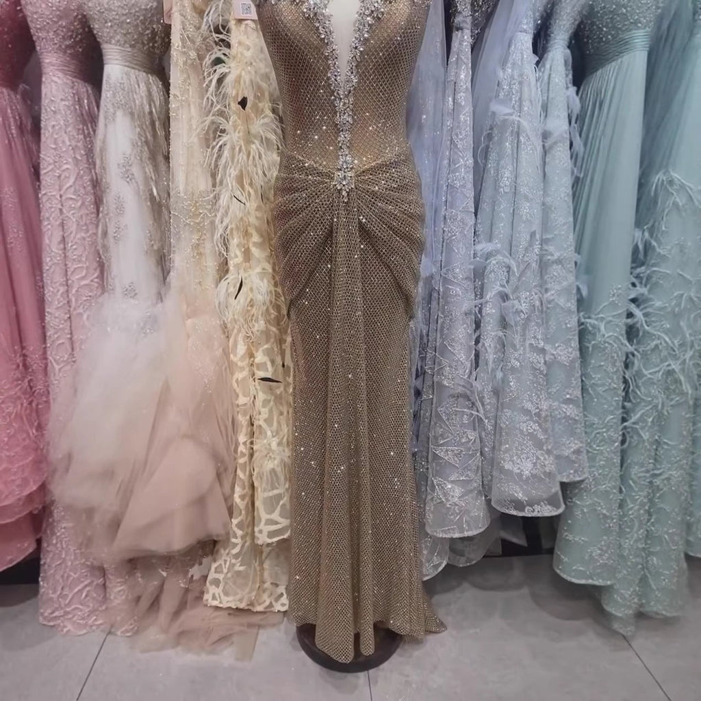 Luxury Gold Crystal Beaded Mermaid Evening Dress LA73491