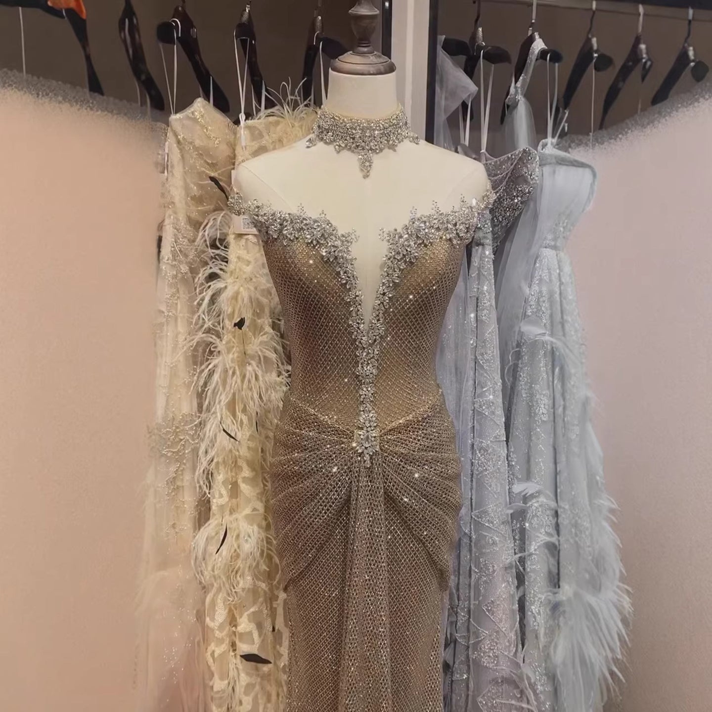 Luxury Gold Crystal Beaded Mermaid Evening Dress LA73491