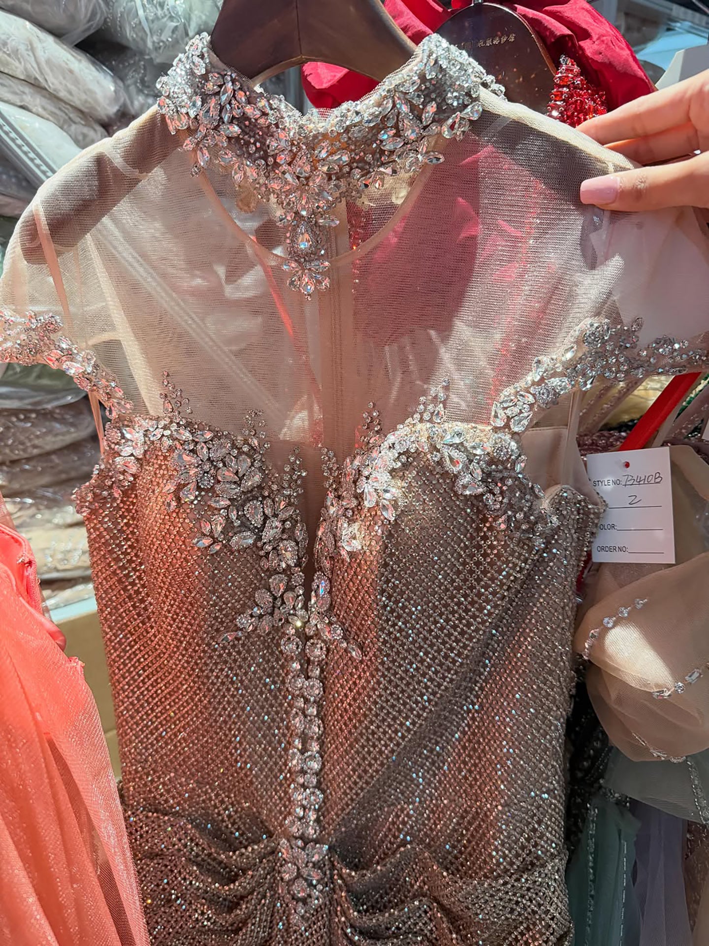 Luxury Champagne Gold Off Shoulder Illusion Neck Crystal Beaded Mermaid Evening Dress CLA73491