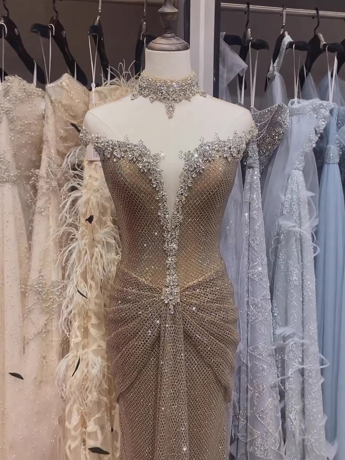 Luxury Gold Crystal Beaded Mermaid Evening Dress LA73491