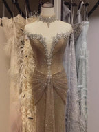 Luxury Gold Crystal Beaded Mermaid Evening Dress LA73491