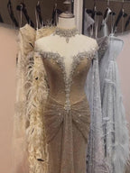 Luxury Gold Crystal Beaded Mermaid Evening Dress LA73491