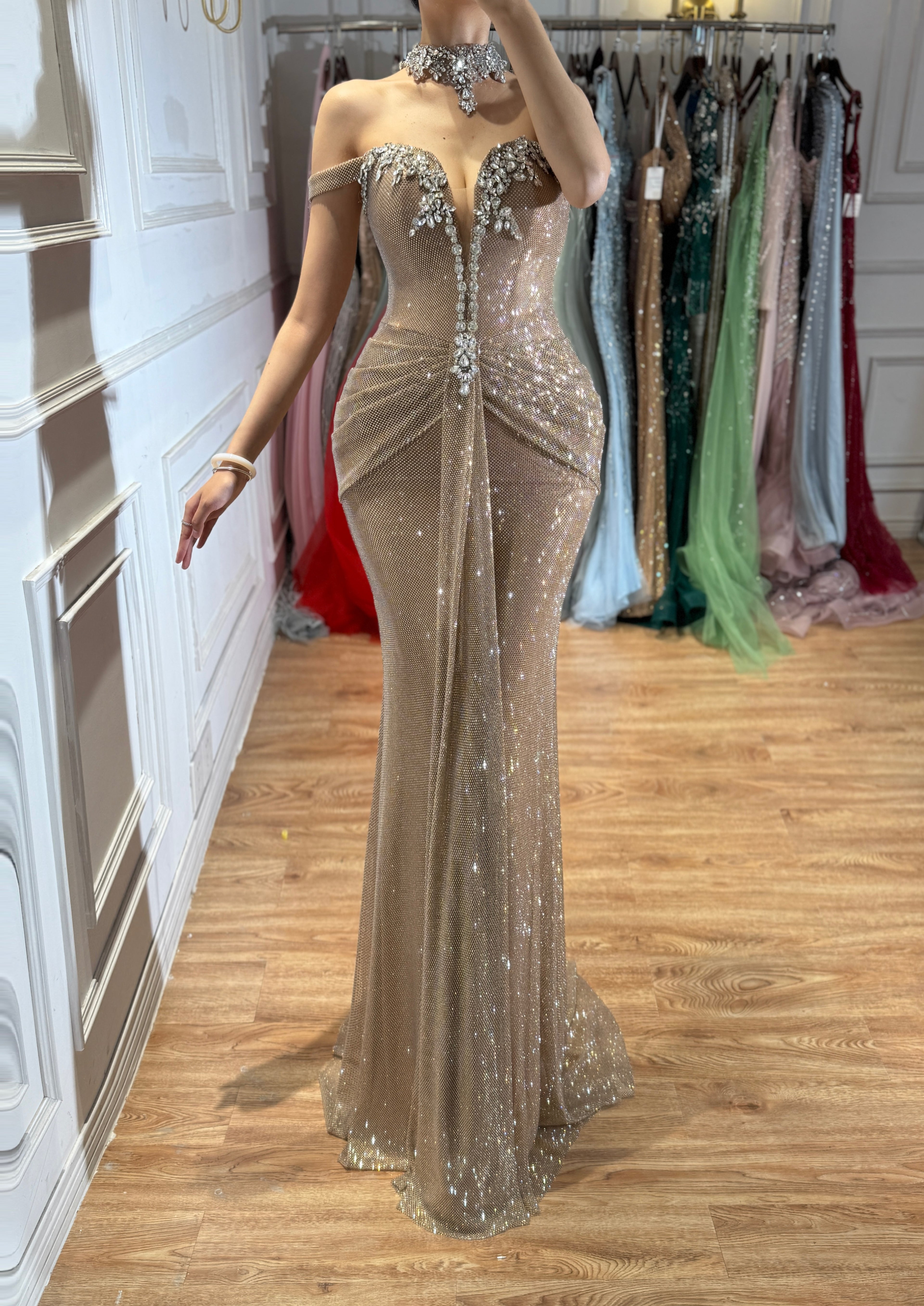 Luxury Champagne Gold Off Shoulder Illusion Neck Crystal Beaded Mermaid Evening Dress CLA73491