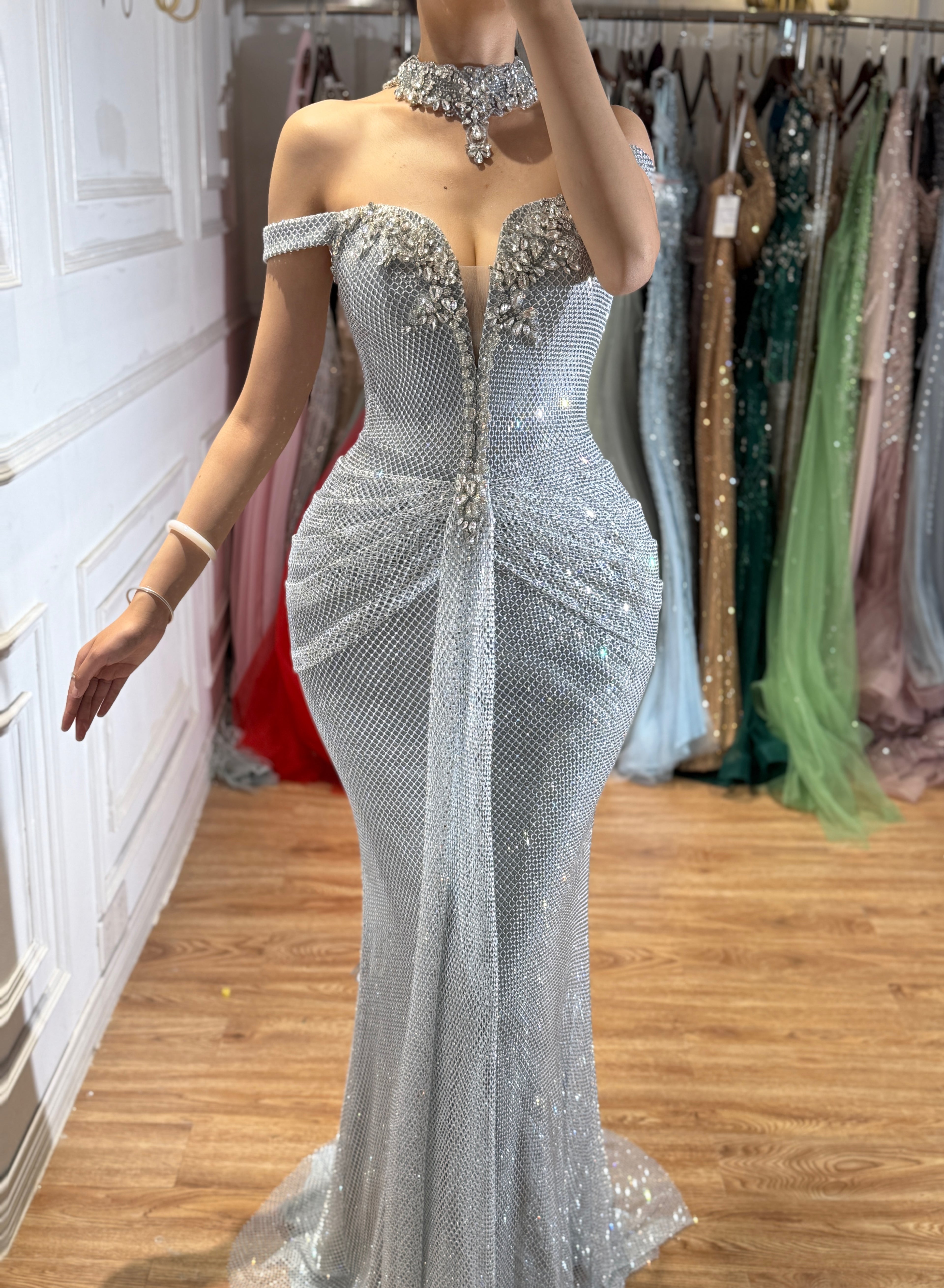 Luxury Champagne Gold Off Shoulder Illusion Neck Crystal Beaded Mermaid Evening Dress CLA73491