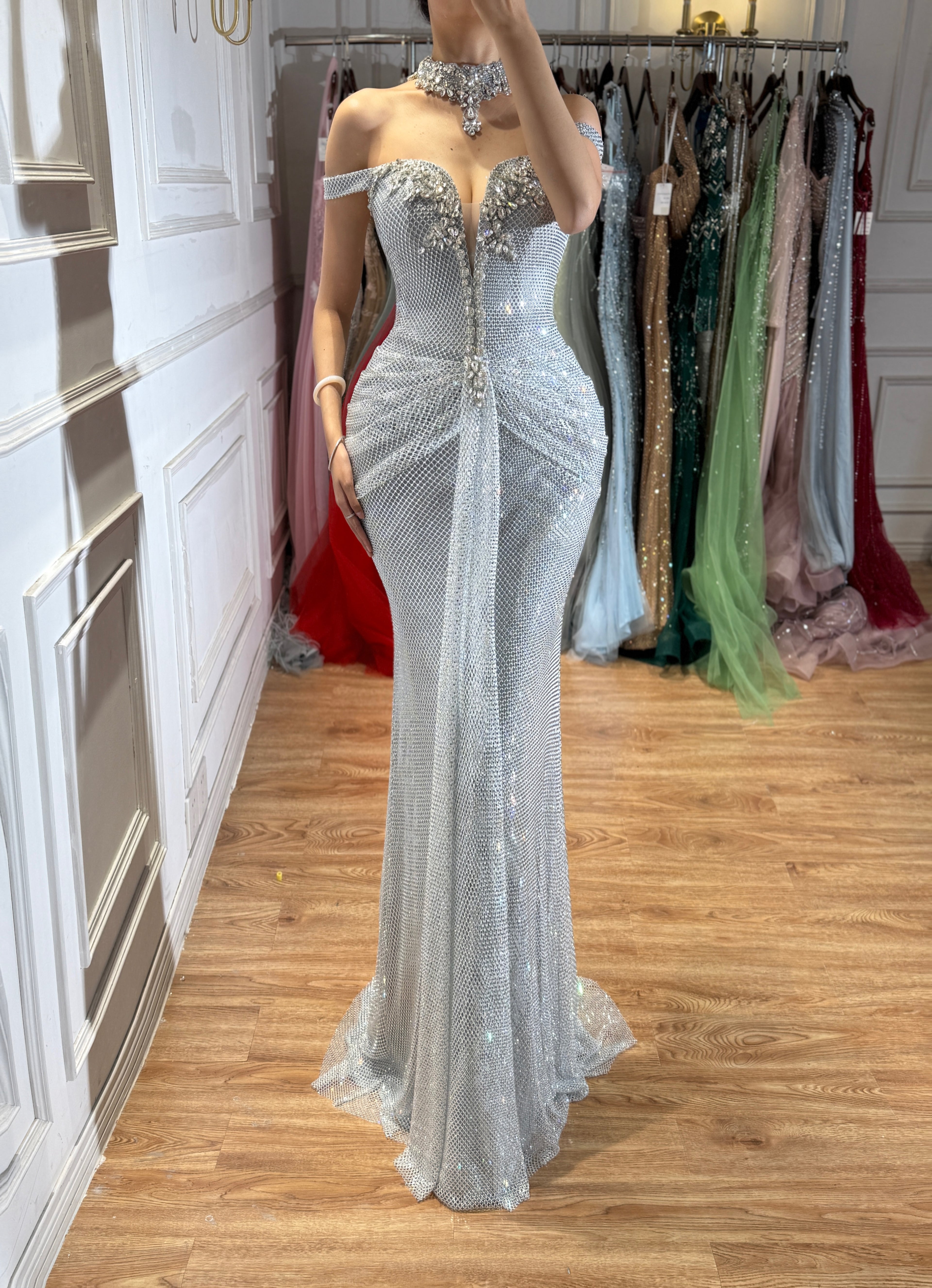 Luxury Champagne Gold Off Shoulder Illusion Neck Crystal Beaded Mermaid Evening Dress CLA73491