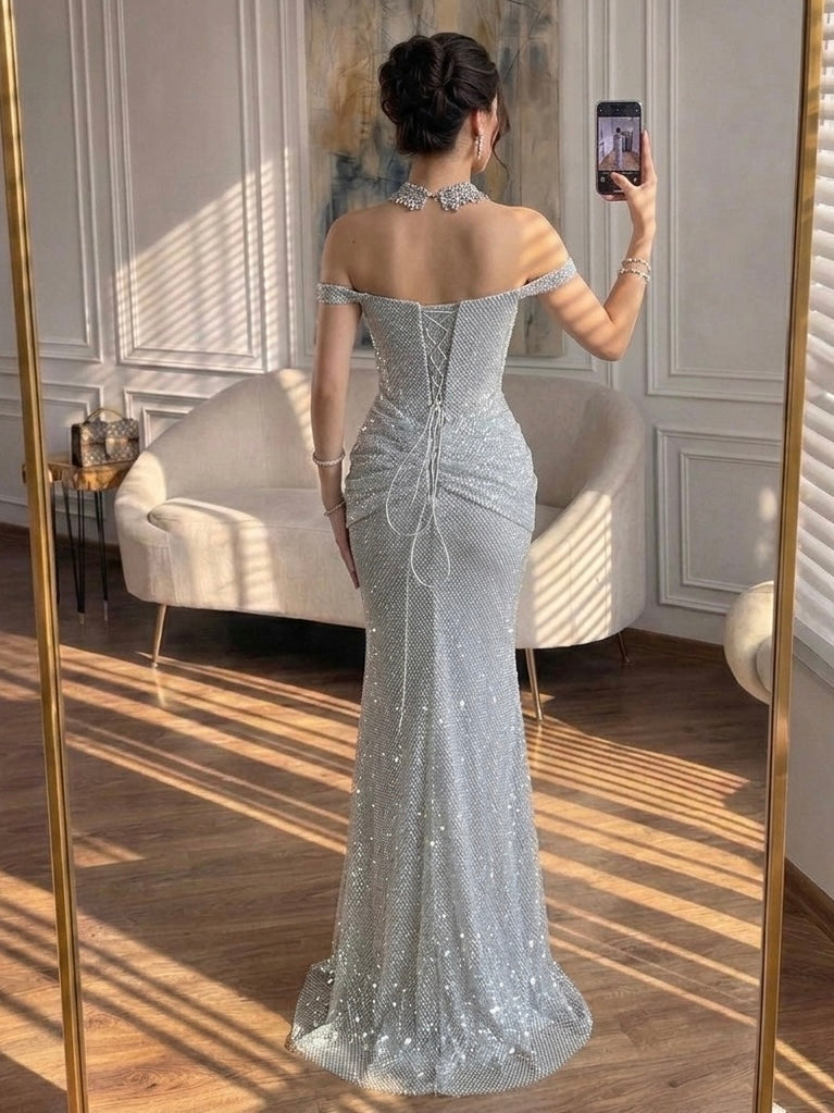Luxury Champagne Gold Off Shoulder Illusion Neck Crystal Beaded Mermaid Evening Dress CLA73491