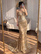 Luxury Arabic Gold Strapless Crystal Beaded Evening Dress CLA73492