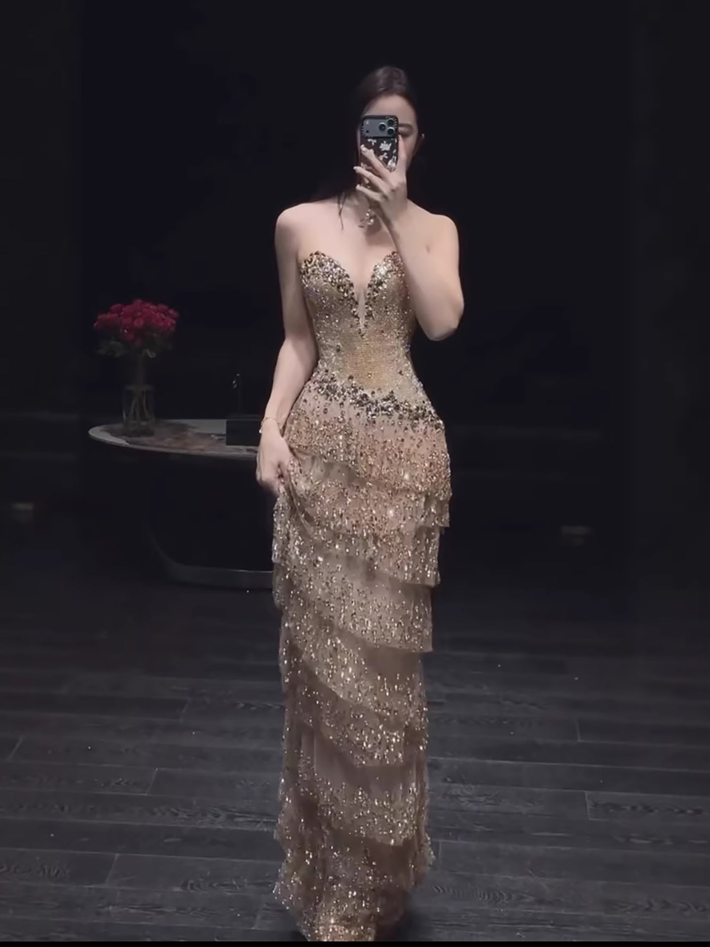 Luxury Arabic Gold Strapless Crystal Beaded Evening Dress CLA73492