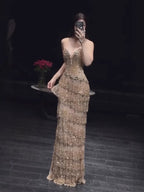 Luxury Arabic Gold Strapless Crystal Beaded Evening Dress CLA73492