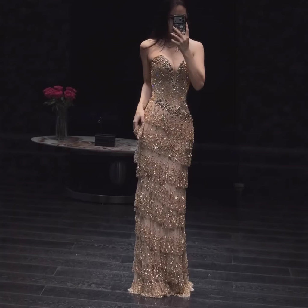 Luxury Arabic Gold Strapless Crystal Beaded Evening Dress CLA73492