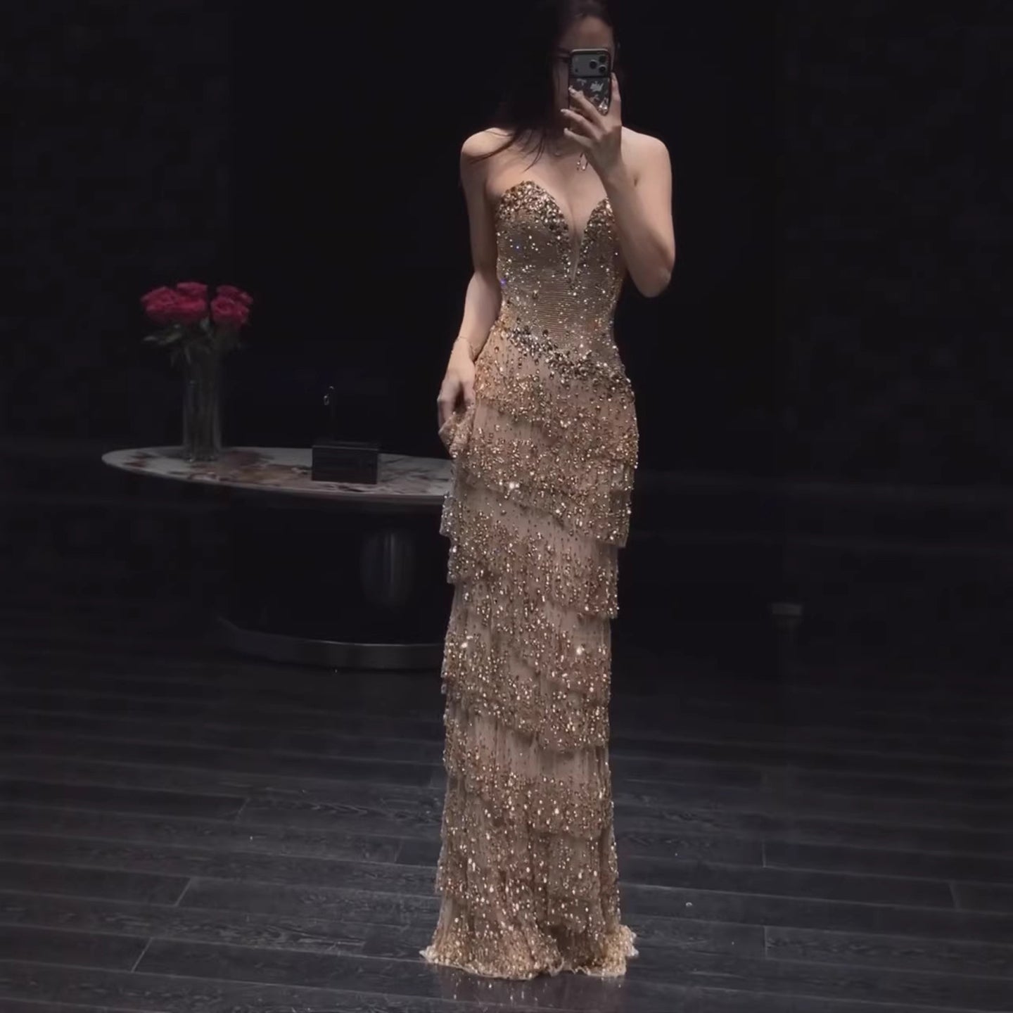Luxury Arabic Gold Strapless Crystal Beaded Evening Dress CLA73492