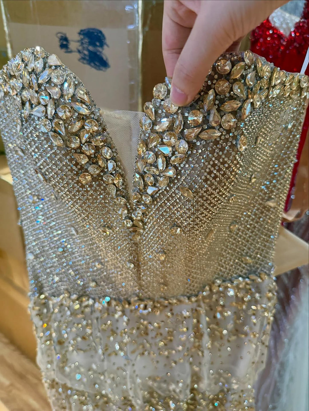 Luxury Arabic Gold Strapless Crystal Beaded Evening Dress CLA73492