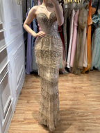 Luxury Arabic Gold Strapless Crystal Beaded Evening Dress CLA73492