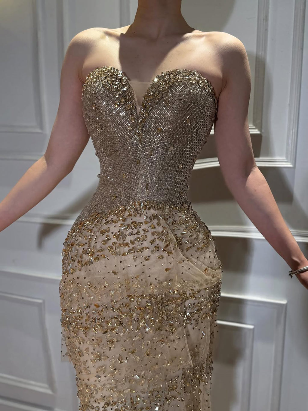 Luxury Arabic Gold Strapless Crystal Beaded Evening Dress CLA73492