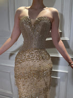 Luxury Arabic Gold Strapless Crystal Beaded Evening Dress CLA73492