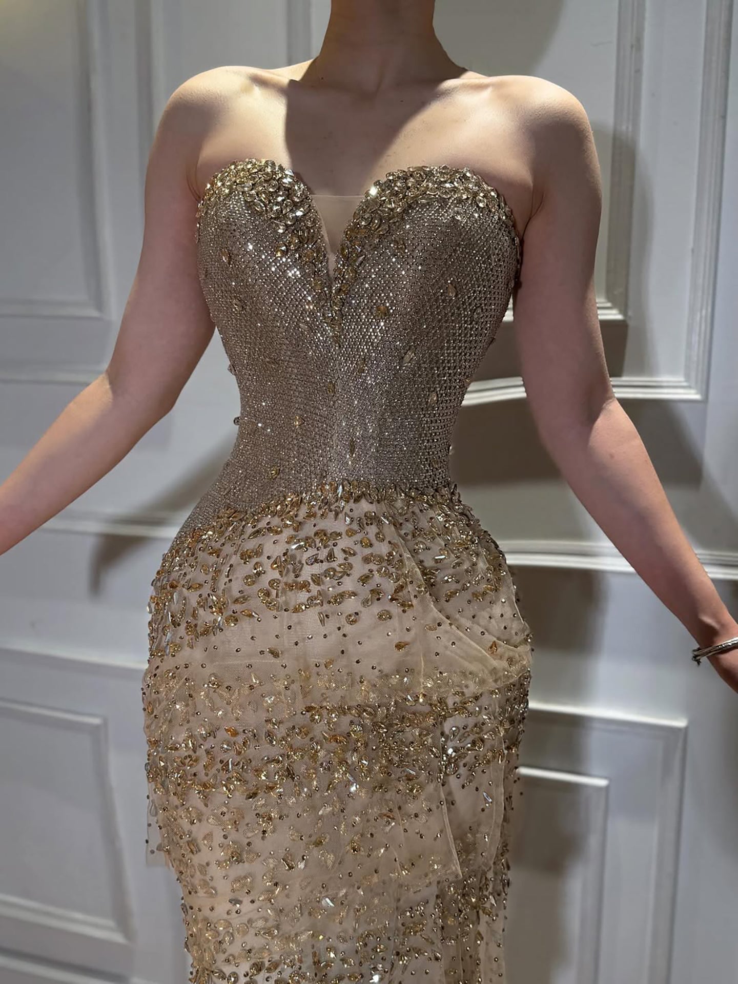 Luxury Arabic Gold Strapless Crystal Beaded Evening Dress CLA73492