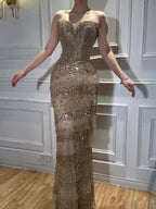 Luxury Arabic Gold Strapless Crystal Beaded Evening Dress CLA73492