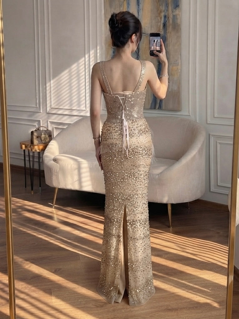 Luxury Arabic Gold Wide Straps Crystal Beaded  Mermaid Evening Dress CLA73492