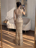 Luxury Arabic Gold Wide Straps Crystal Beaded  Mermaid Evening Dress CLA73492