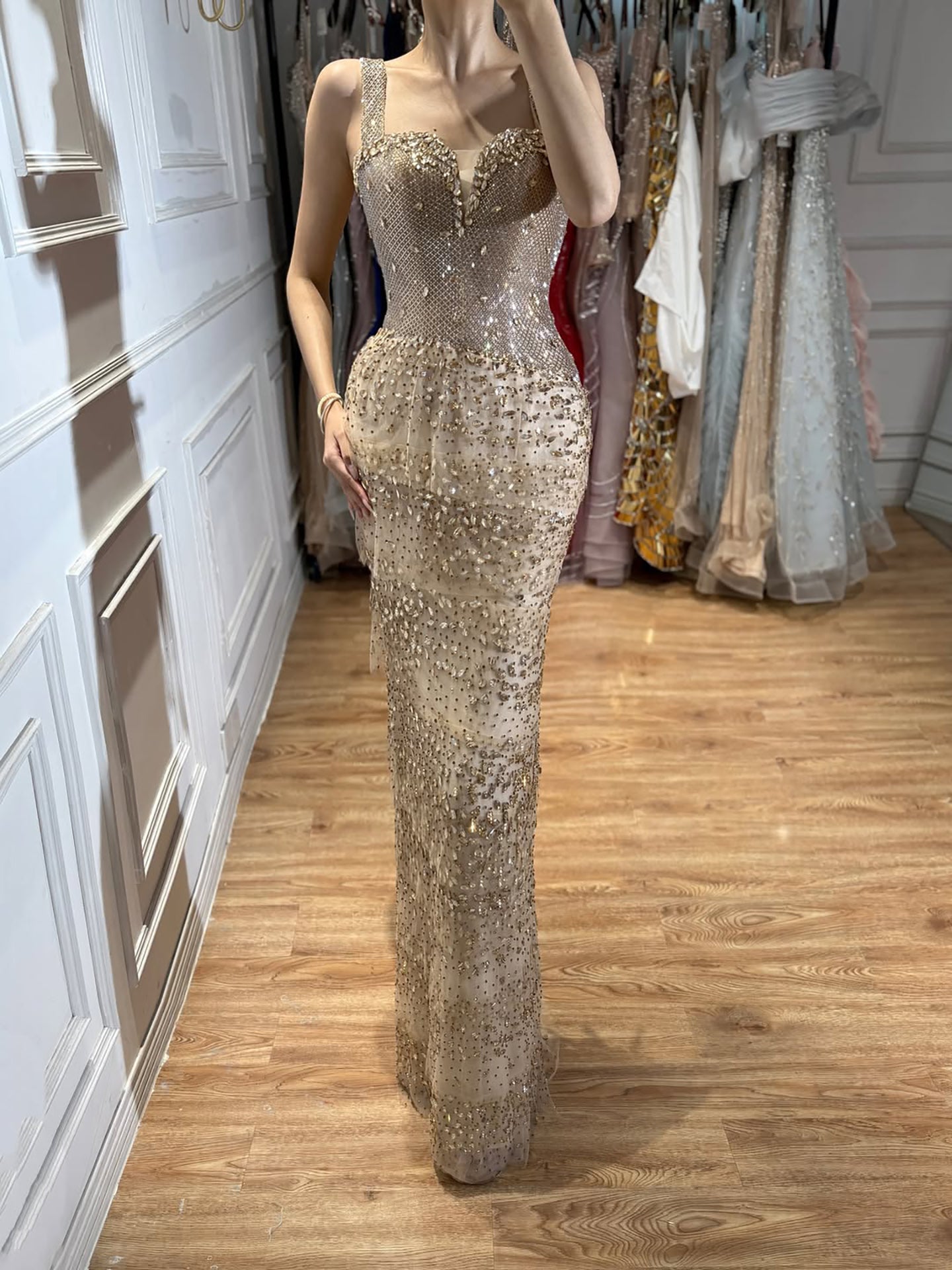 Luxury Arabic Gold Wide Straps Crystal Beaded  Mermaid Evening Dress CLA73492