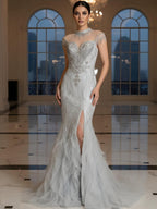 Luxury Gray Crystal Beaded Mermaid Evening Dress With Slit CLA73507