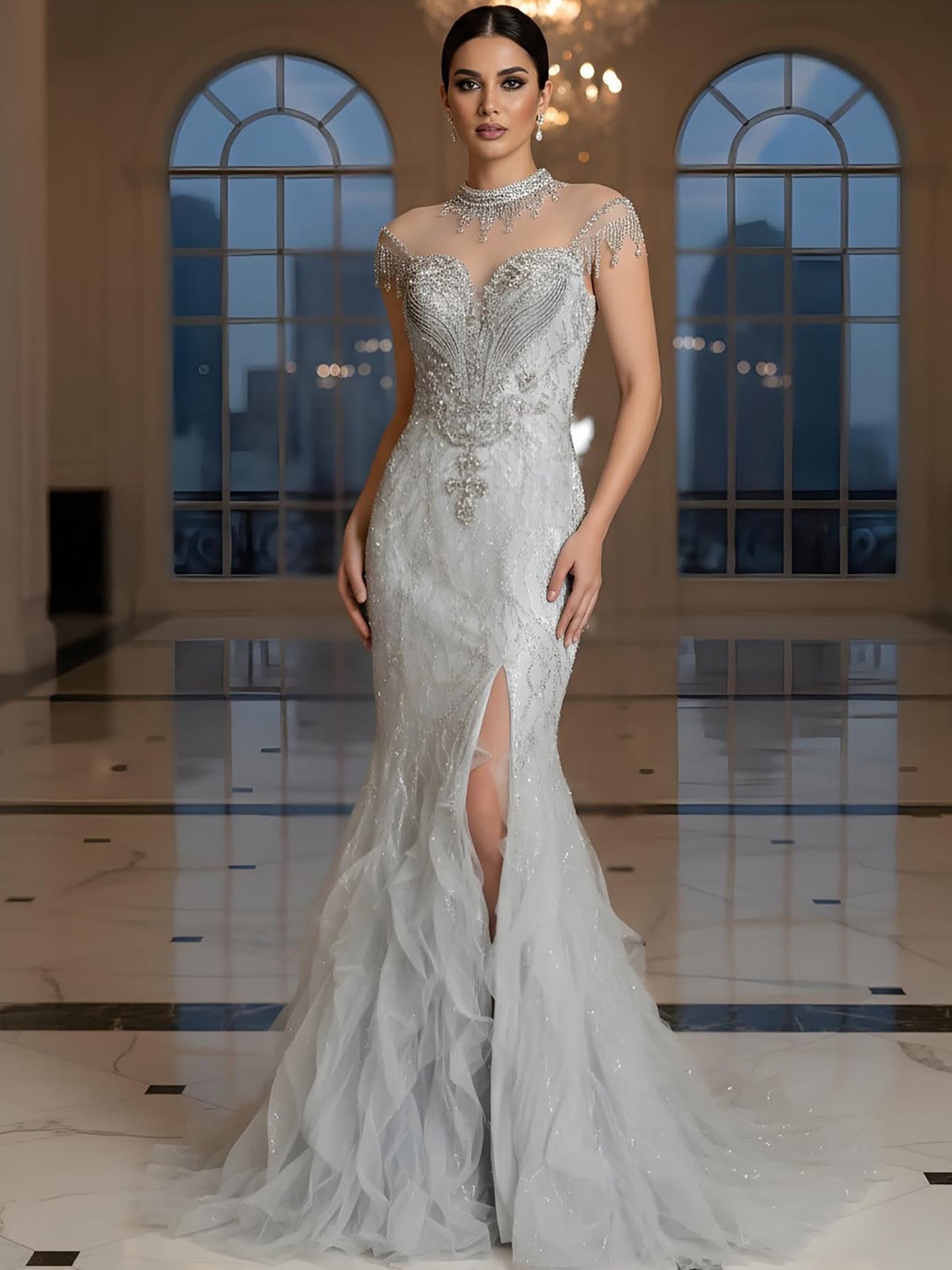 Luxury Gray Crystal Beaded Mermaid Evening Dress With Slit CLA73507