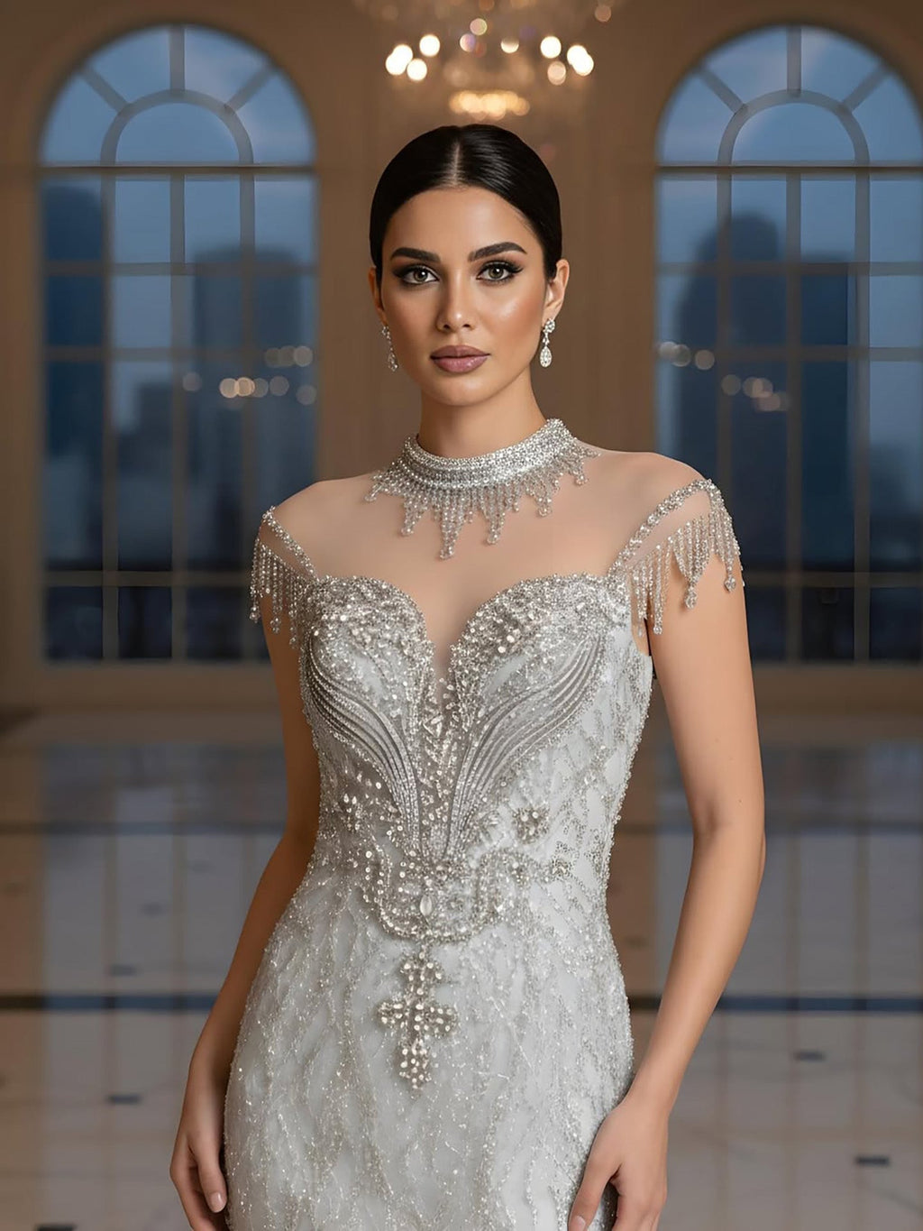 Luxury Gray Crystal Beaded Mermaid Evening Dress With Slit CLA73507