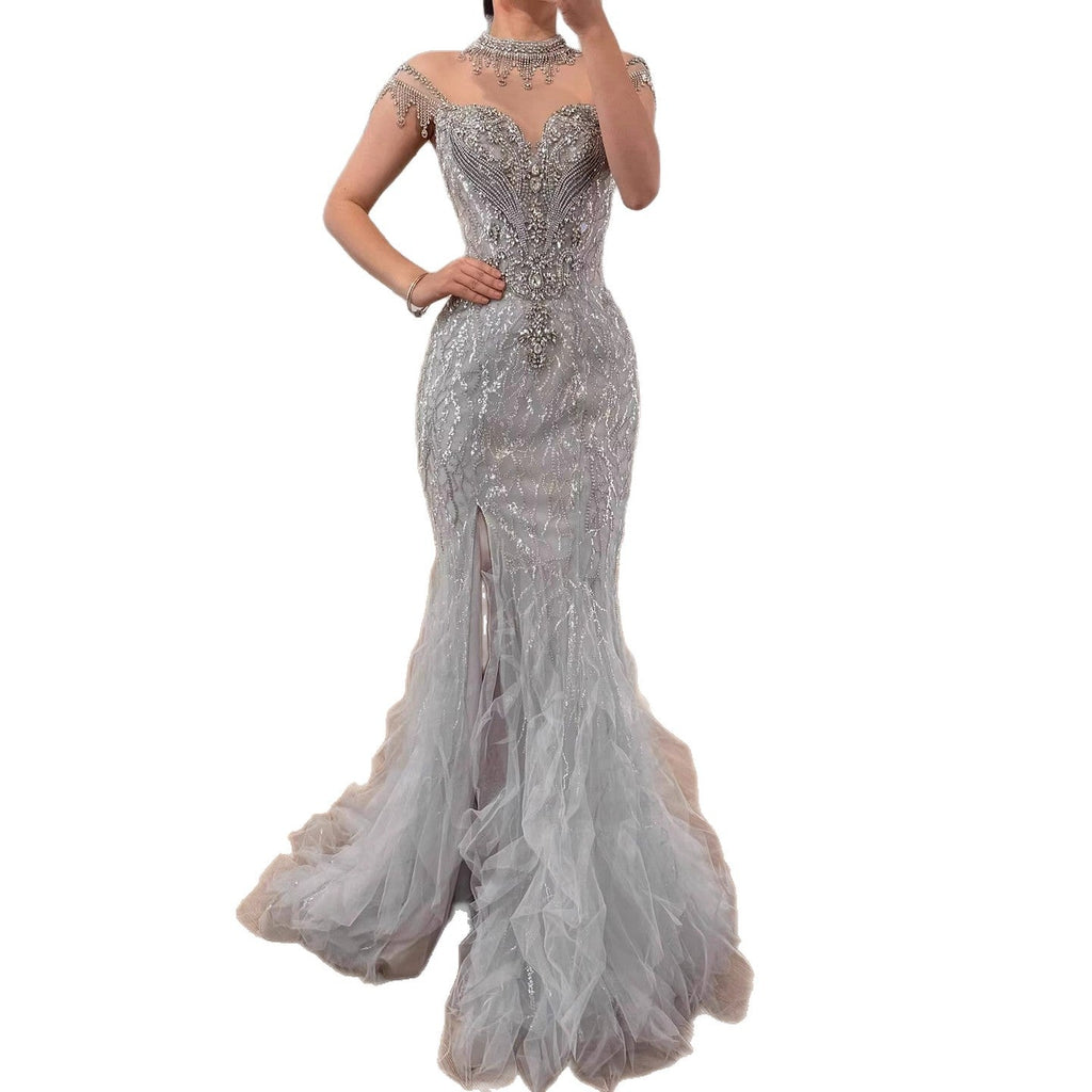 Luxury Gray Crystal Beaded Mermaid Evening Dress With Slit CLA73507