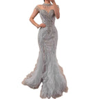 Luxury Gray Crystal Beaded Mermaid Evening Dress With Slit CLA73507