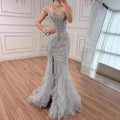 Luxury Gray Crystal Beaded Mermaid Evening Dress With Slit CLA73507