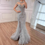 Luxury Gray Crystal Beaded Mermaid Evening Dress With Slit CLA73507