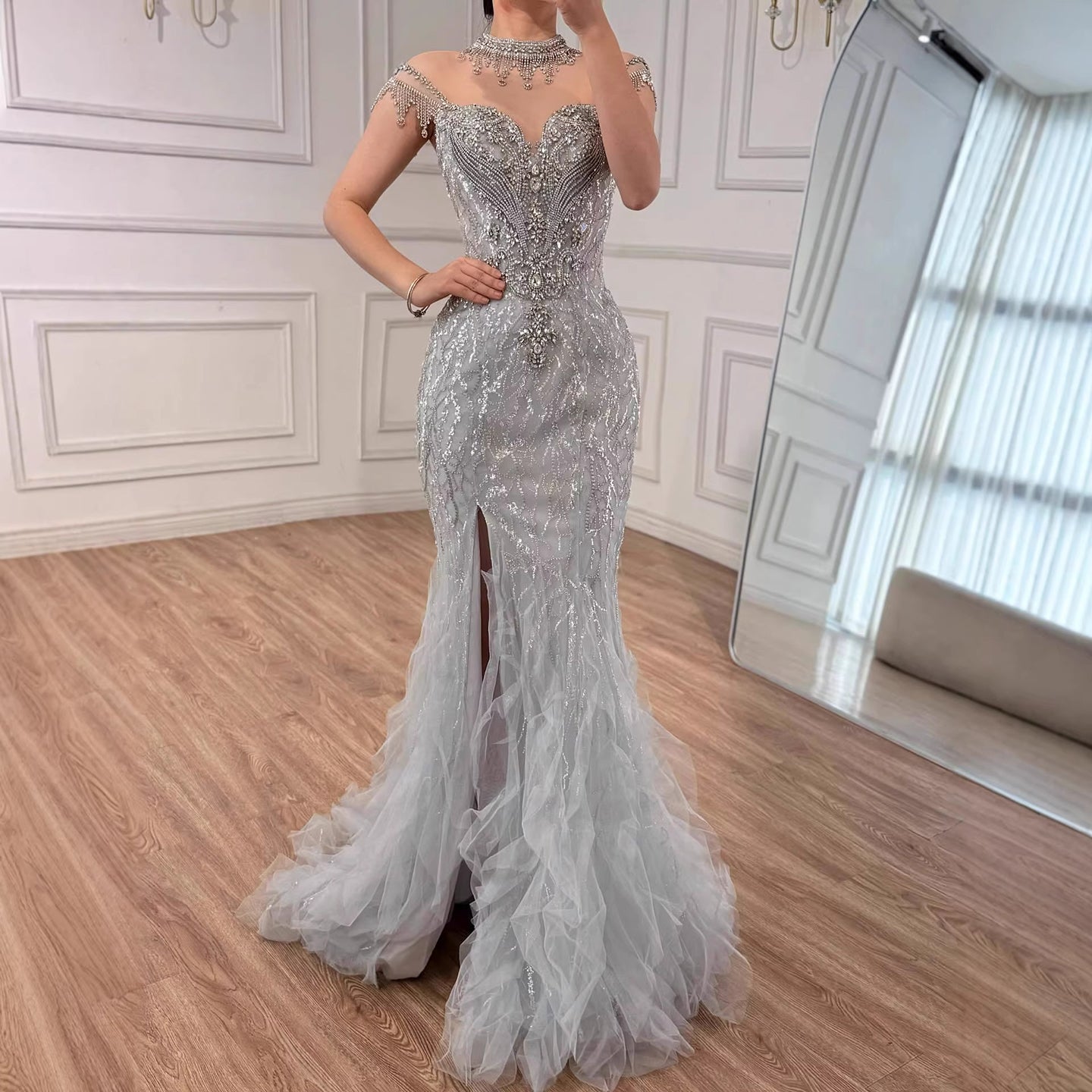 Luxury Gray Crystal Beaded Mermaid Evening Dress With Slit CLA73507