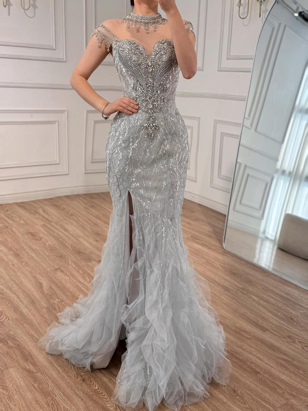 Luxury Gray Crystal Beaded Mermaid Evening Dress With Slit CLA73507