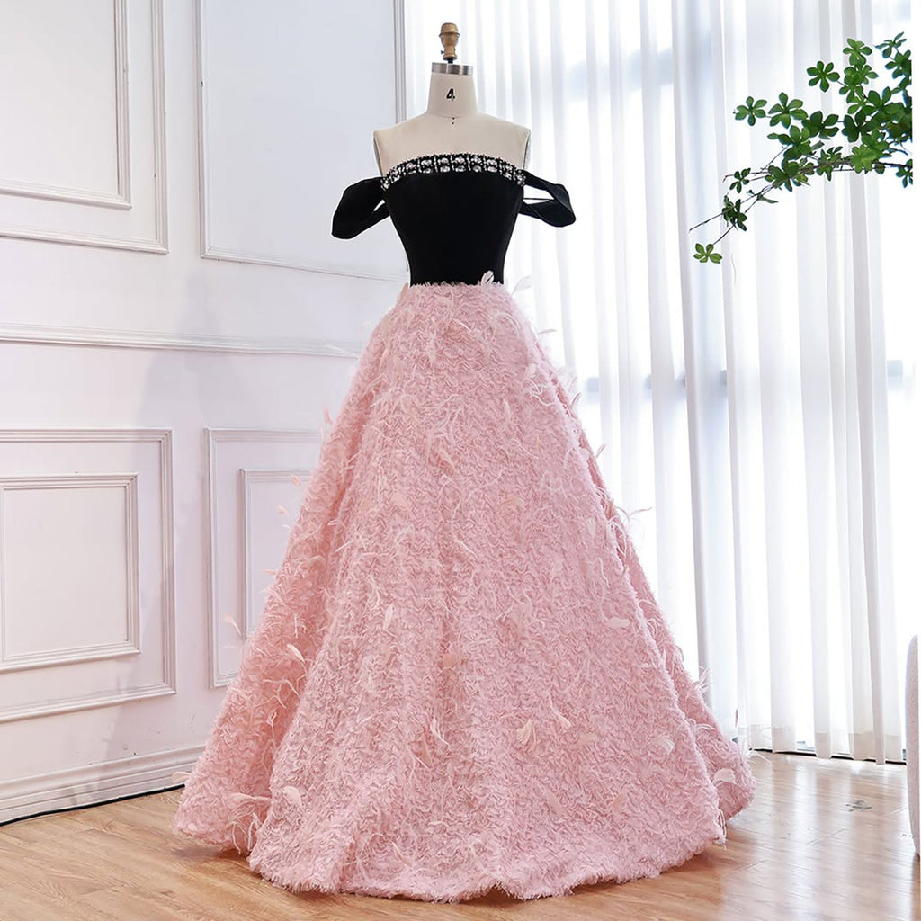 Luxury Pink Beaded Feather A-Line Off-Shoulder Evening Dress LA73510