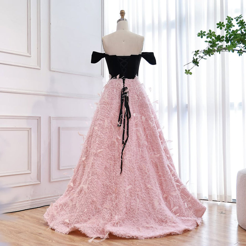 Luxury Pink Beaded Feather A-Line Off-Shoulder Evening Dress LA73510
