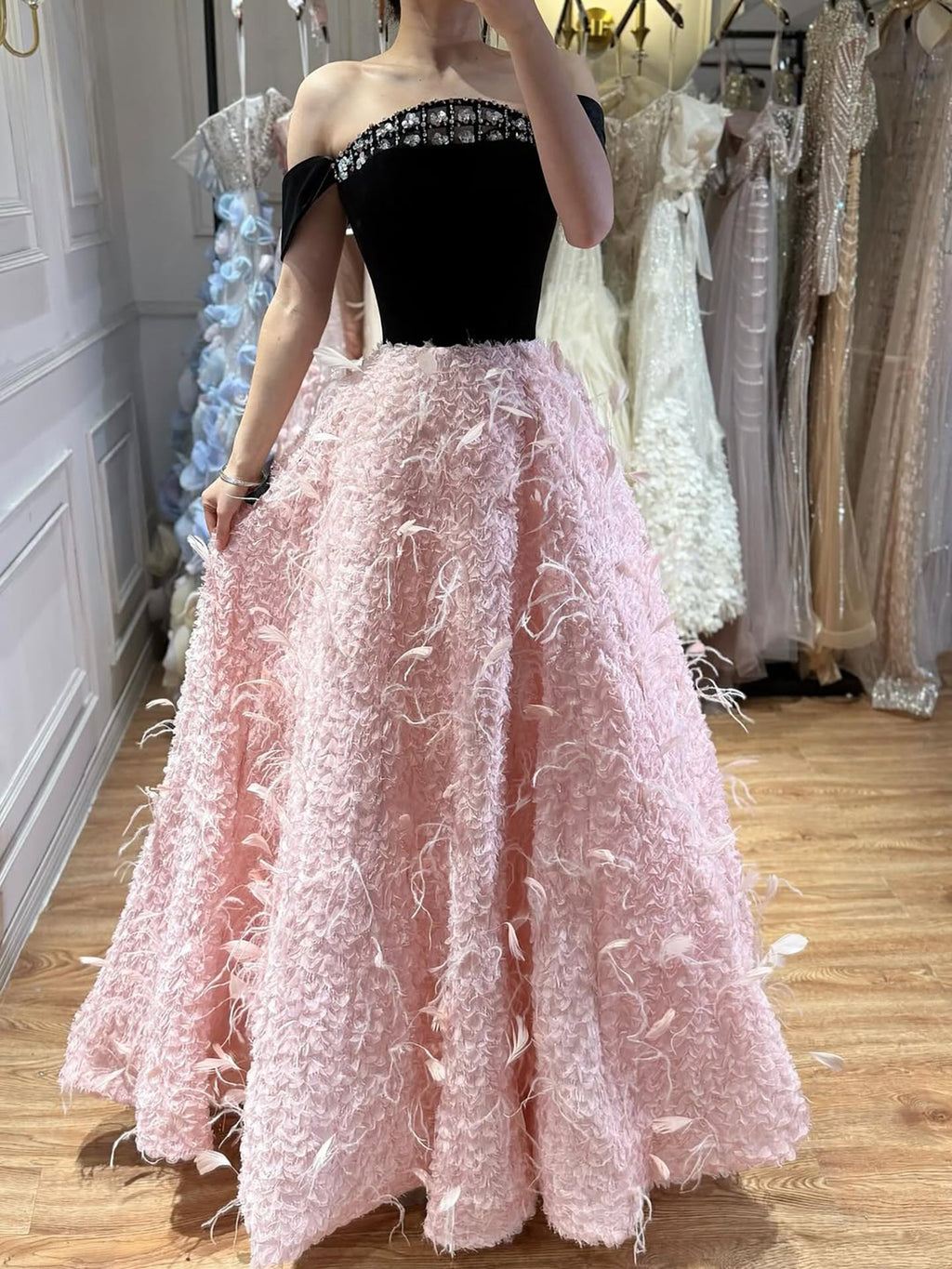 Luxury Pink Beaded Feather A-Line Off-Shoulder Evening Dress LA73510