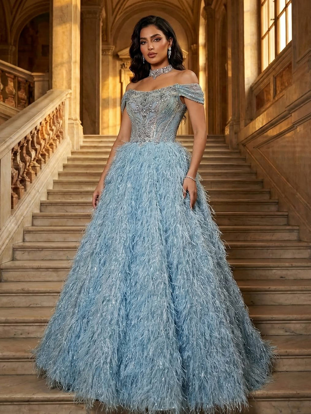 Luxury Blue A Line Feather Ball Gown Beaded Evening Dress LA73511