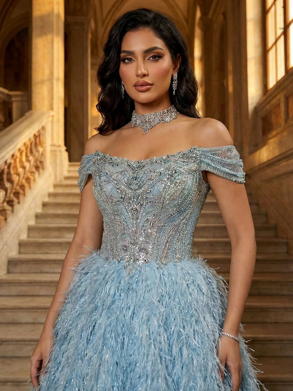 Luxury Blue A Line Feather Ball Gown Beaded Evening Dress LA73511